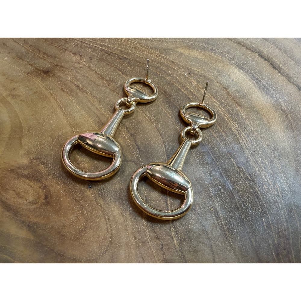 Gold Tone Horsebit Drop Earrings Equestrian Snaffle Bit Statement Dangles NEW - Picture 2 of 3